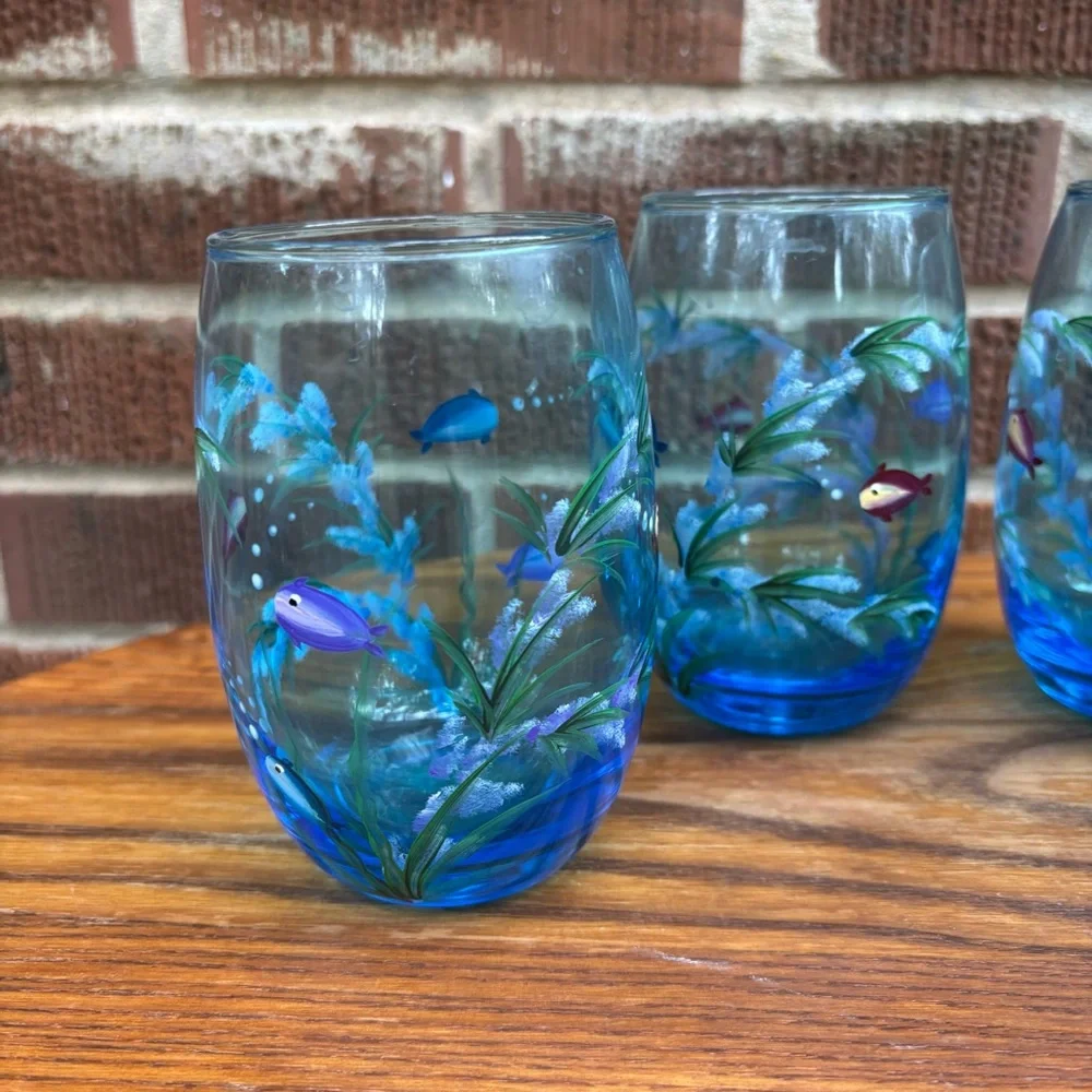 Hand-painted stemless wine water blue glasses with marine design Set of 4